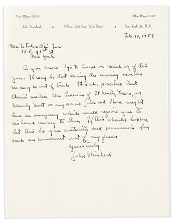 STEINBECK, JOHN. Two Autograph Letters Signed, "John" or in full, to his literary agent Elizabeth Otis ("Dear Elizabeth" or lacking sal